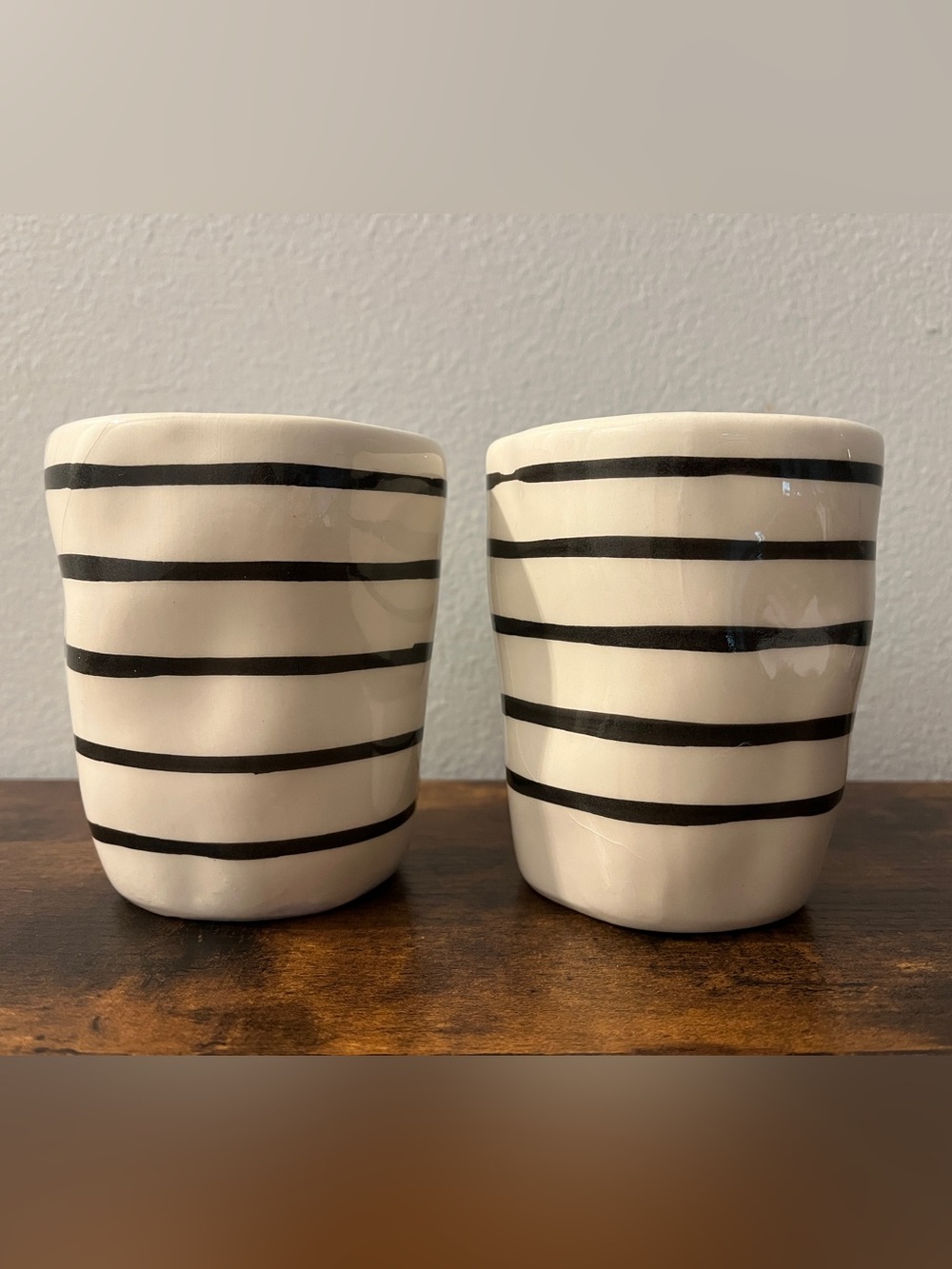 2 White and Black Striped Succulent Planters 4”